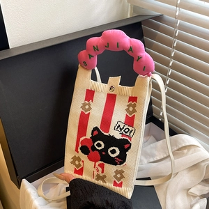 Bolso de punto con gato de dibujos animados y asas de nubes rosas para mujer casual