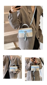 Detail of vintage canvas box bag with blue leather trim and dual zipper closure