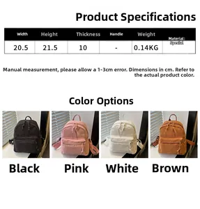 Detailed size chart and multi-color options for the corduroy mini backpack for women