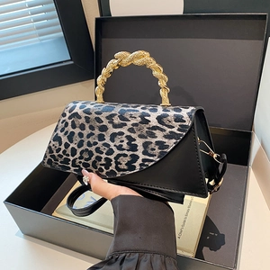 Chic leopard print crossbody bag with gold twisted handle in a gift box packaging