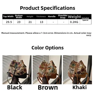 Detailed size guide for embroidery bucket bag showing width, height and material specifications