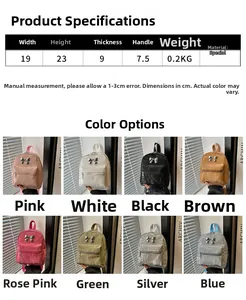 Detailed size specifications and 8 color options for the mini bowknot backpack