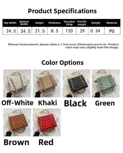 Detailed size chart and multi-color options for the quilted chain shoulder bag