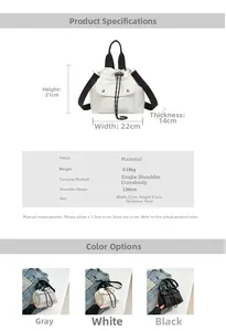 Detailed size specifications for a casual bucket bag with fabric texture and dimensions