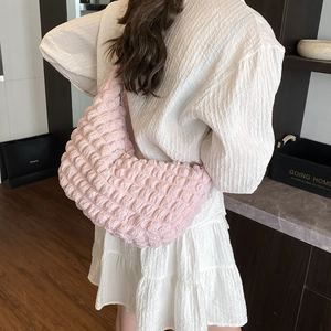 Pink retro bubble textured tote bag with large capacity for women stylish casual look