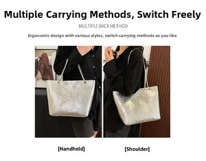 Detail of silver crocodile pattern tote bag featuring golden chain handle and dual carrying modes