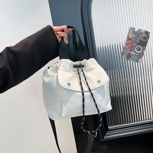 Women Fashion Nylon Drawstring Bucket Bag Contrast Strap Large Capacity Crossbody Handbag Casual Commute Shoulder Bag