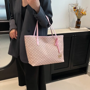 Pink quilted tote bag with M-letter monogram print and golden metallic logo charm