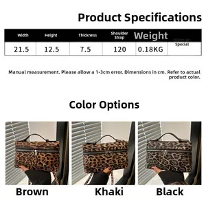 Detailed sizing chart and color guide for the leopard print crossbody small square bag