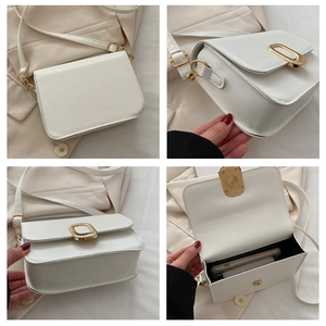 Detail view of white crossbody bag with gold buckle showing interior and multiple angles
