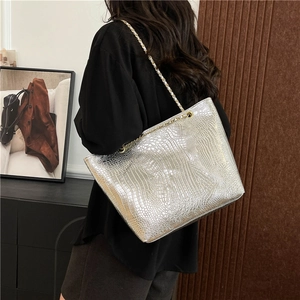 Silver patent leather tote bag with crocodile pattern and metal chain strap for women