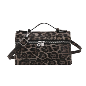 Retro leopard print crossbody bag with dual silver zippers and adjustable strap
