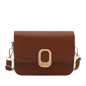 Minimalist brown PU leather square shoulder bag with vintage gold oval buckle in front