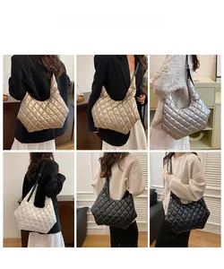 Multiple views of models wearing quilted tote bags in gold, silver, white and black colors