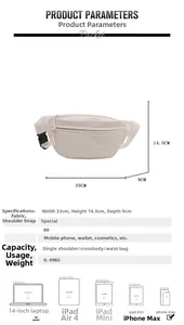 White checkered waist bag dimensions 33x14.5x9cm showing size and large inner capacity