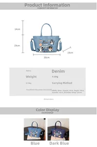 Detailed size chart for the denim bucket tote bag with cat print and dimensions
