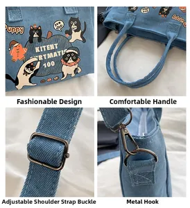 Detailed close-up of denim tote bag features with cute cat print and metal buckles