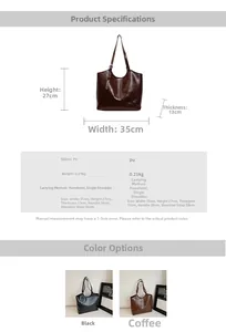 Detailed size chart for black PU leather tote bag with dimensions 35x27x13cm