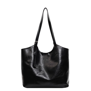 Minimalist black oil wax leather large tote bag with long straps for commute and travel