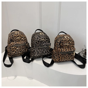 Mini leopard print backpack in three trendy colors with gold metal plaque and zippers