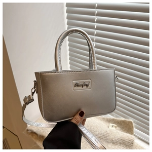 Detail shot of a mini silver metallic crossbody bag with leather texture and logo plaque