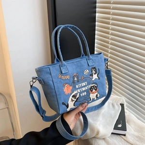 Women Academy Style Cartoon Cat Printed Denim Tote Bag Casual Large Capacity Crossbody Bag Handbag With Adjustable Strap