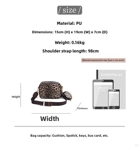 Detailed size chart for leopard print camera bag with dimensions and capacity guide