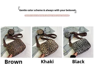 Chic leopard print crossbody bags in brown and khaki with round coin pouch detail
