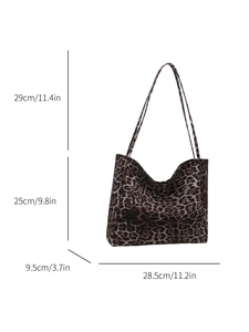 Leopard print tote bag dimensions 28.5x25x9.5cm with 29cm shoulder strap length