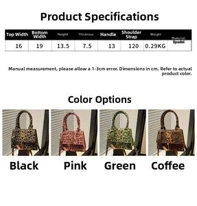 Size chart showing leopard print crossbody bag dimensions in black, pink, green, and brown