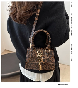 Detail of leopard print crossbody bag featuring gold logo and stylish tassel accents