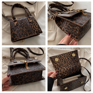 Detail view of leopard print crossbody bag with golden tassel and internal storage