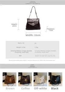 Dimensions détaillées pour un grand sac cabas en cuir PU de 33 cm avec chaîne dorée