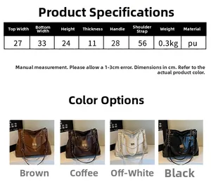 Size guide for vintage chain tote bag with PU material dimensions and color options