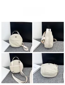 Detail view showing four angles of a minimalist round beige nylon crossbody bag