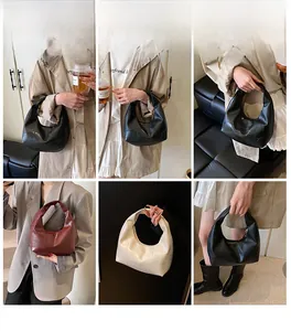 Detailed views of a color-block patchwork hobo bag in black, burgundy, and beige colors