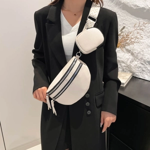 White pebbled leather crossbody bag with geometric wide strap and mini round pouch