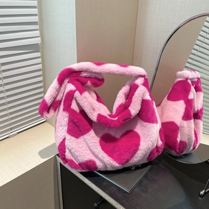 Damen Plüsch Einkaufstasche Kunstpelz Herzmuster Große Kapazität Schultertasche Weich Warm Winter Herbst Umhängetasche Lässig Chic