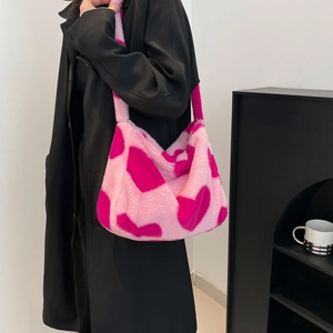 Pink heart patterned plush tote bag for women showing soft faux fur texture and large capacity