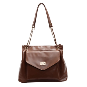 Brown PU leather tote bag with chain strap and gold twist lock in minimalist retro style