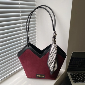 Women Suede PU Tote Bag V-Shaped Shoulder Bag With Satin Scarf Large Capacity Commuting Fashion Handbag