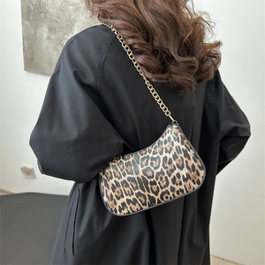 Fashionable leopard print crescent underarm bag with golden chain strap for women