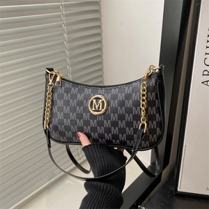 Vintage Monogram Underarm Bag For Women PU Leather Crossbody Shoulder Bag With Golden Chain Metal Letter Logo Hobo Bag
