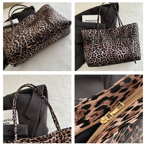 Detailed views of leopard print tote bag with gold zipper and long shoulder straps