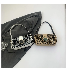 Chic leopard print shoulder bags in black and tan patterns with metal buckle detail