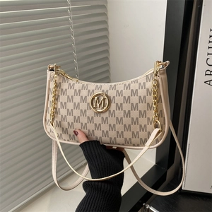 Women Vintage M Letter Monogram Underarm Bag Gold Metal Logo Chain Shoulder Bag Fashion PU Leather Crossbody Hobo Bag For Women
