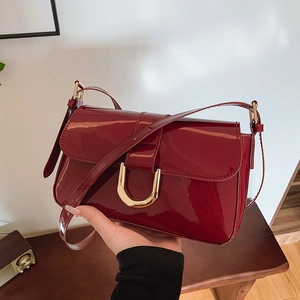 Women Patent PU Leather Shoulder Bag Underarm Bag With Gold U-Buckle Chic Minimalist Retro French Style Flap Bag