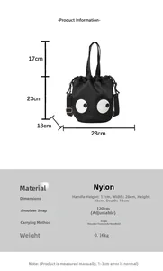 Detailed dimensions of nylon tote bag with eye motif and adjustable shoulder strap