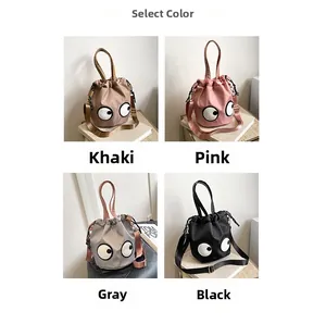 Detailed four-color collage of nylon bucket bags featuring iconic eye pattern and drawstring