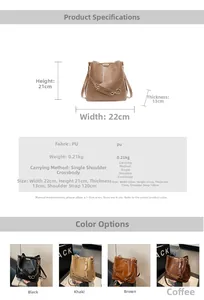 Detail view of stylish PU leather bucket bag showing precise dimensions and four color options